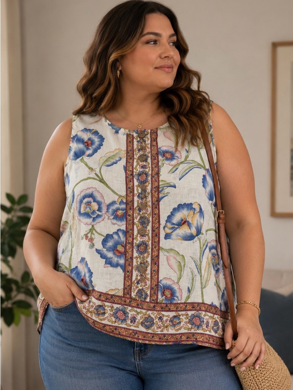 Christian Siriano Blue Floral Border Sleeveless Camisole